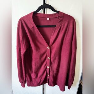 Burgundy Waffle Knit Long Sleeve Cardigan Sweater | Size Medium